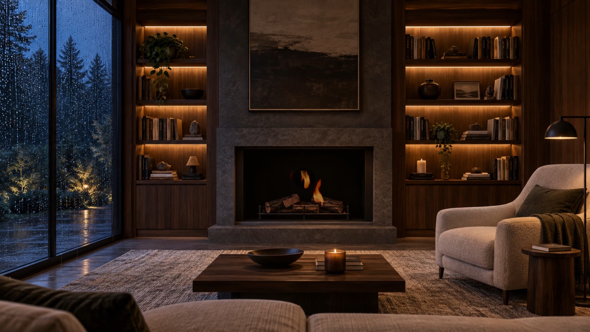 Modern reading room with a fireplace and rain visible through the window