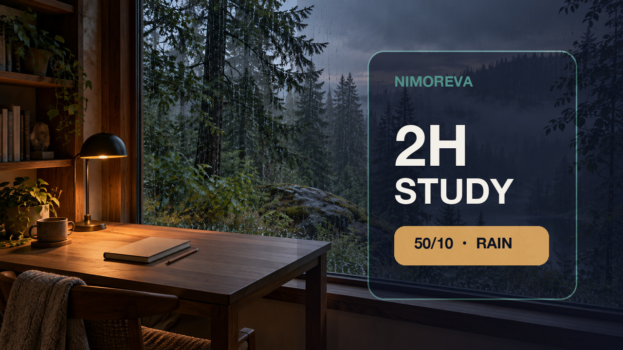 Warm study desk overlooking a rainy forest
